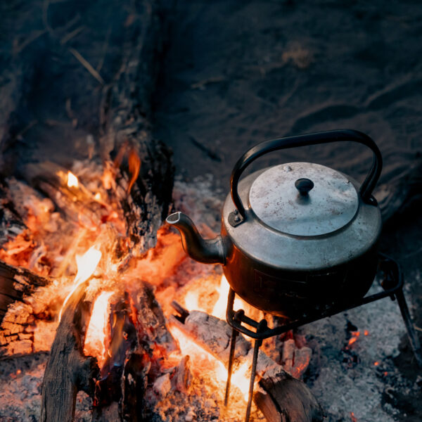 A pot of water sits over a fire to boil