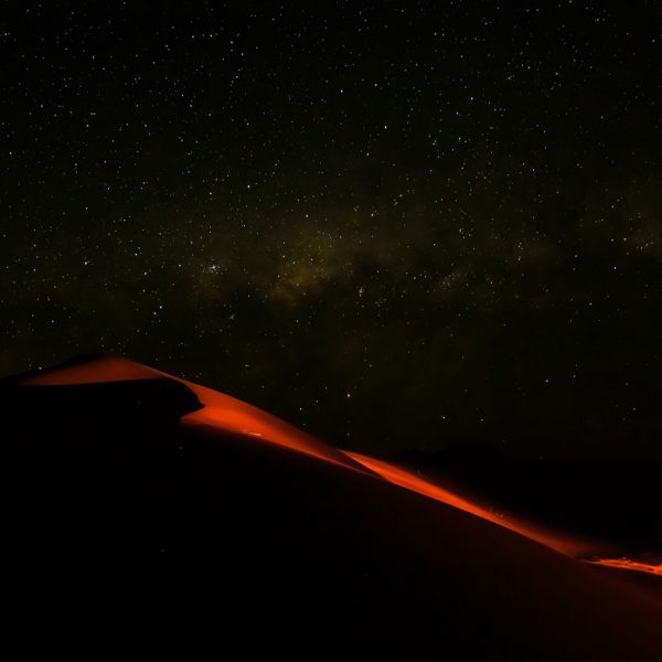The red dunes shining in the night below a sky filled with stars